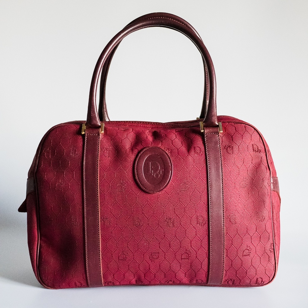 Vintage Authentic Dior Canvas and Leather Honeycomb Bordeaux Shoulder Bag